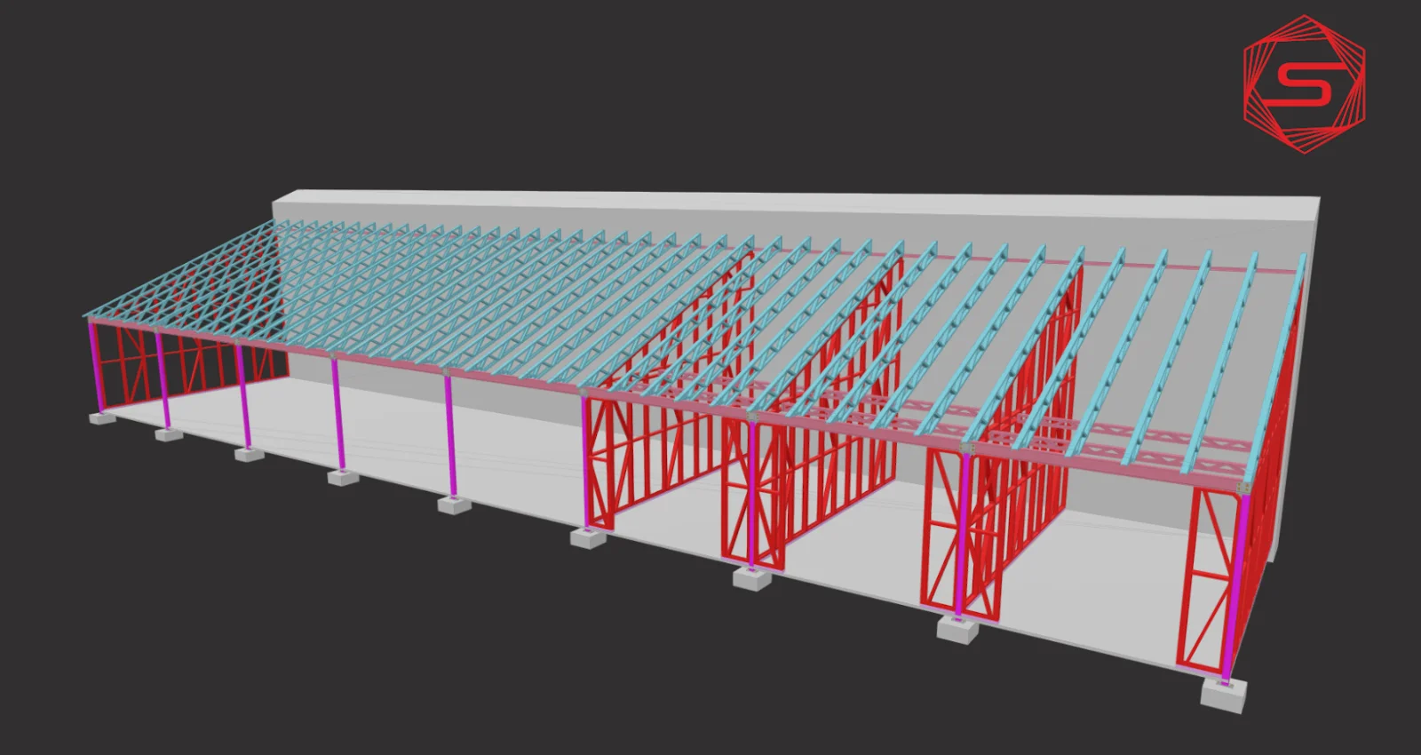 Rendu 3D — ossature acier léger d'un bâtiment de grande portée